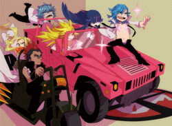  2girls 4boys bad_id bad_pixiv_id car con_potage creator_connection crossover dual_persona glowing_nipples honekoneko_(psg) hummer hummer_h1 iori_shirou kill_la_kill kinagase_tsumugu mikisugi_aikurou motor_vehicle motorcycle multiple_boys multiple_girls panty_&amp;_stocking_with_garterbelt panty_(psg) photoshop_(medium) see-through_(psg) siblings sisters stocking_(psg) vehicle_focus 