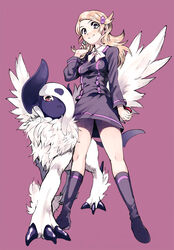  absol ace_trainer_(pokemon) amezawa_koma astrid_(pokemon) blonde_hair commentary_request female hair_ornament hairclip mega_absol mega_pokemon poke_ball pokemon pokemon_(anime) pokemon_(creature) pokemon_xy pokemon_xy_(anime) ribbon skirt socks 