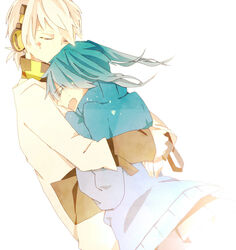  1boy bad_id bad_pixiv_id closed_eyes ene_(kagerou_project) ene_no_dennou_kikou_(vocaloid) female green_hair headphones hug kagerou_project kakku konoha_(kagerou_project) konoha_no_sekai_jijou_(vocaloid) long_hair tears twintails white_hair 