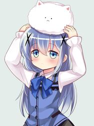  :&lt; angora_rabbit animal arms_up bad_id bad_pixiv_id blue_eyes blue_hair blush female gochuumon_wa_usagi_desu_ka? hair_ornament hairclip kafuu_chino long_hair machinicalis rabbit rabbit_house_uniform shirt skirt solo tippy_(gochiusa) vest x_hair_ornament 