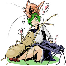  amblypygi bug camel_spider cape cave_cricket commentary_request cricket female green_eyes green_hair headpat heart sitting toriburi touhou wriggle_nightbug 