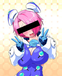  ahe_gao bar_censor blush breasts censored cleavage cleavage_cutout clothing_cutout commentary_request double_v facing_viewer female hair_ornament identity_censor large_breasts open_mouth original phantasy_star phantasy_star_zero pink_hair pointless_censoring pointy_ears rei_(holyspirit) short_hair solo v zefirumu 