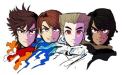  4boys animification bad_id bad_pixiv_id black_hair blonde_hair blue_eyes brown_hair cole_(ninjago) commentary_request evil_smile hair_over_one_eye japanese_clothes jay_(ninjago) kai_(ninjago) male_focus multiple_boys ninjago red_eyes shimotsuki_kitsune smile spiked_hair the_lego_group thick_eyebrows turtleneck zane_(ninjago) 