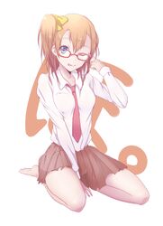  ;p bad_id bad_pixiv_id bare_legs barefoot bespectacled between_breasts between_legs blue_eyes bow breasts collared_shirt female finger_to_head full_body glasses hairbow hand_between_legs highres kosaka_honoka long_sleeves looking_at_viewer love_live! love_live!_school_idol_project necktie necktie_between_breasts one_eye_closed one_side_up orange_hair pleated_skirt pointing pointing_at_self red-framed_eyewear red_necktie shirt simple_background sitting skirt solo tongue tongue_out touching_forehead wariza white_background white_shirt yellow_bow yurumiya_(irassyaimasi) 