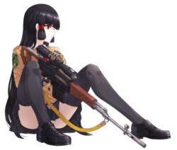  black_hair black_legwear commentary_request convenient_leg dragunov_svd finger_on_trigger full_body gloves gun hair_ribbon holding holding_gun holding_weapon kfr long_hair military original pale_skin profile red_eyes ribbon rifle school_uniform scope shoes shoulder_patches simple_background sitting skirt sling sniper_rifle solo strap thighhighs tress_ribbon very_long_hair weapon white_background 