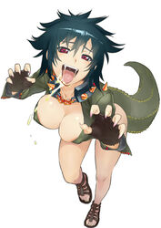  animal_costume bad_id bad_pixiv_id black_hair breasts cleavage collar deviljho drooling fangs female fingerless_gloves fingernails from_above gloves heart heart-shaped_pupils large_breasts long_fingernails looking_at_viewer messy_hair monster_girl monster_hunter_(series) personification red_eyes saliva short_hair solo spiked_collar spikes symbol-shaped_pupils tongue tongue_out washi_no_tosaka white_background 