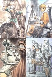  6+boys armor bellows berserk black_hair blonde_hair boots bowl bowl_cut breastplate campfire cauldron collage cooking corkus_(berserk) crossbow faulds gauntlets gloves hand_on_own_chin helmet highres horse horseback_riding judeau_(berserk) looking_at_viewer mace male_focus miura_kentarou multiple_boys official_art over_shoulder pauldrons pippin_(berserk) rickert_(berserk) riding scan shoulder_armor sitting spiked_mace spikes spurs sword sword_over_shoulder teeth tent weapon weapon_over_shoulder 