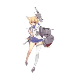  animal_ears arm_up blonde_hair blue_skirt blush breasts cannon eyebrows female fletcher_(mod)_(warship_girls_r) fletcher_(warship_girls_r) full_body holding holding_weapon hood hoodie large_breasts looking_at_viewer machinery miniskirt navel no_bra official_art open_clothes open_hoodie open_mouth paw_print pleated_skirt purple_eyes rigging rudder_footwear single_thighhigh skindentation skirt smokestack solo standing stmast tail thighhighs torpedo transparent_background turret warship_girls_r weapon white_thighhighs 