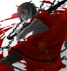  1boy bad_id bad_pixiv_id black_hair cape chains coffinkun commentary_request dark-skinned_male dark_skin grin hair_over_eyes lens_flare male_focus photoshop_(medium) scp-076-2 scp_foundation sharp_teeth smile solo sword teeth topless_male weapon 