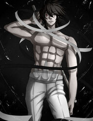  1boy abs bad_id bad_pixiv_id highres kill_la_kill male_focus muscular one_eye_closed over_shoulder pectorals red_eyes saaya_(32308) sanageyama_uzu scar solo spot_color sword sword_over_shoulder topless_male weapon weapon_over_shoulder 