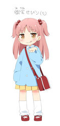  :q bag blush brown_eyes commentary_request female full_body hair_bobbles hair_ornament hand_in_pocket handbag kani_biimu kindergarten_bag kindergarten_uniform lolicon long_hair looking_at_viewer loose_socks mary_janes mikane_sebiri original pink_hair shoes skirt smile socks solo tongue tongue_out translated two_side_up white_background 