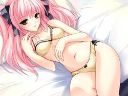  :o bed_sheet black_socks blush bow bow_panties bra brown_eyes choukou_sennin_haruka cowboy_shot dutch_angle female fingernails flat_chest from_above game_cg hair_ribbon hand_on_own_stomach kneehighs long_fingernails looking_at_viewer lying navel on_back on_bed onigirikun panties parted_lips pillow pink_hair polka_dot polka_dot_bra polka_dot_panties ribbon shihoudou_narika side-tie_panties socks solo striped sweat twintails underwear underwear_only yellow_bra yellow_panties 