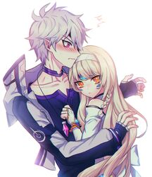  1boy add_(elsword) bad_id bad_pixiv_id black_gloves blush braid bridal_gauntlets choker code:_electra_(elsword) couple elsword embarrassed eve_(elsword) expressionless female fingerless_gloves gem gloves hairband jewelry long_hair luluri messy_hair necklace purple_eyes straight time_tracer_(elsword) white_background white_hair yellow_eyes 