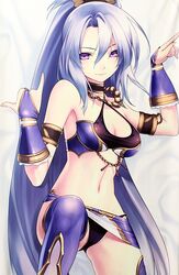  agarest_senki_(series) agarest_senki_2 armlet armor armpits bikini bikini_armor black_panties blue_hair blue_thighhighs breasts bridal_gauntlets choker cleavage criss-cross_halter eva_(agarest_senki) female gloves halterneck high_ponytail highres hirano_katsuyuki jewelry long_hair looking_at_viewer medium_breasts midriff navel necklace official_art panties ponytail purple_eyes shiny_skin smile solo sweat swimsuit thighhighs underwear 