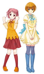  2girls badge blue_thighhighs boots bow brown_eyes brown_hair clenched_hands commentary_request dress ever_17 hair_bobbles hair_ornament knee_boots kneehighs multiple_girls pink_hair red_eyes red_legwear safety_pin short_hair smile socks standing takigawa_yuu tanaka_yubiseiakikana thighhighs yagami_coco 