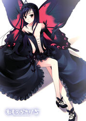  accel_world aged_up antenna_hair arm_support bare_shoulders black_dress black_gloves black_hair butterfly_wings commentary_request dress elbow_gloves female gloves hairband insect_wings kuroyukihime lolita_hairband long_hair long_legs red_eyes sitting solo takigawa_yuu wings 