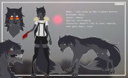  anthro canid canine canis claws clothed clothing english_text eyewear female feral fluffy fluffy_tail glasses hi_res mammal maocrowhard model_sheet multiple_forms nude pale_eyes quadruped side_view solo standing tail text wolf 