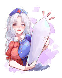  ahoge big_dipper blue_dress blue_eyes blush braid breasts cassiopeia_(constellation) commentary constellation cross_print dress female grey_hair hat highres hoshibuchi large_breasts long_hair looking_at_viewer multicolored_clothes multicolored_dress nose_blush nurse_cap open_mouth oversized_object parted_bangs red_dress round_teeth short_sleeves simple_background single_braid smile solo steam suppository teeth touhou upper_body upper_teeth_only very_long_hair white_background yagokoro_eirin 