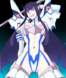  bad_id bad_pixiv_id black_hair blue_eyes breasts female grin hair_ornament hairclip junketsu kill_la_kill kiryuuin_satsuki large_breasts long_hair navel revealing_clothes saaya_(32308) sideboob smile solo suspenders sword thighhighs weapon 