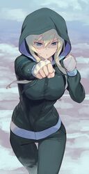  bad_id bad_twitter_id bandages bandaid bandaid_on_face bandaid_on_nose blonde_hair blue_eyes breasts exercising female highres hood hoodie jpeg_artifacts large_breasts long_hair motion_blur original pants punching solo sweatpants training washi_no_tosaka 