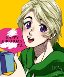  1boy alternate_costume animification bad_id bad_pixiv_id blonde_hair box commentary_request gift gift_box happy_birthday heart hood hoodie lloyd_garmadon male_focus ninjago purple_eyes shimotsuki_kitsune smile solo the_lego_group upper_body 