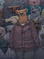 altered_shadow anthro bear brown_body brown_fur canid canine clothed clothing crowd electronics front_view fur group hoodie koala male mammal marsupial mattahan microphone topwear vombatiform