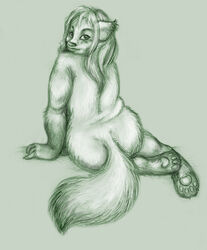 anakuro anthro ass becca_takamura biped canid canine female full-length_portrait graphite_(artwork) green_theme hindpaw looking_at_viewer mammal nude overweight overweight_anthro overweight_female paws pencil_(artwork) portrait pose raccoon_dog simple_background smile solo tail tanuki traditional_media_(artwork) yokozuwari