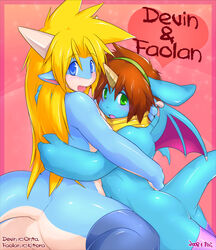 anthro ass blue_body blue_eyes blush clothing devin_(onta) doxy dragon duo embrace faolan_(kitora) glistening heart_symbol horn hug humanoid_pointy_ears kitora legwear male male/male membrane_(anatomy) membranous_wings mythological_creature mythological_scalie mythology nude scalie stockings tail text unigan wings