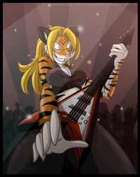 2008 anthro black_border blonde_hair border breasts cherushi cleavage closed_eyes clothed clothing crowd felid female grin group guitar hair mammal millie music musical_instrument pantherine performance playing_guitar playing_music plucked_string_instrument rocking_out smile solo_focus string_instrument tiger toony