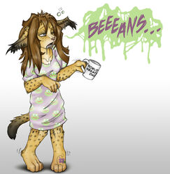 4_toes amphibian ana_(anakuro) anakuro anthro barefoot beverage blue_eyes bodily_fluids bottomless breasts brown_hair chemise chest_tuft claws clothed clothing coffee container cup dialogue digital_media_(artwork) drooling ear_tuft english_text feet felid feline female food freckles frog fur hair holding_container holding_cup holding_object humor iberian_lynx inner_ear_fluff long_hair lynx mammal morning nightgown one_eye_closed open_mouth saliva simple_background sleepwear solo spots tail tattoo text tired toes tuft undead waking_up zombie