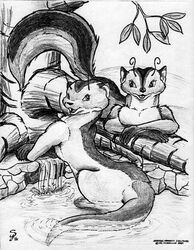 ambiguous_gender antennae_(anatomy) branch claws crossed_arms duo feet_in_water flowing_water fluffy fluffy_tail fur graphite_(artwork) greyscale in_tree looking_at_viewer looking_back marine monochrome nude on_branch open_mouth outside partially_submerged pencil_(artwork) plant shallow_water skiltaire submerged_tail sy_sable tail tail_in_water traditional_media_(artwork) tree water water_ripple