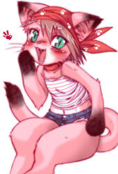 bandana blush bottomwear breasts brown_hair clothing collar denim denim_clothing domestic_cat ear_tuft felid feline felis female fur green_eyes hair headkerchief heart_symbol inner_ear_fluff kemonono kerchief looking_at_viewer mammal navel nekowife open_mouth pattern_clothing pattern_shirt pattern_topwear pink_body pink_fur red_headkerchief red_kerchief shirt shorts sitting small_breasts solo striped_clothing striped_shirt striped_topwear stripes tail tank_top topwear tuft whiskers