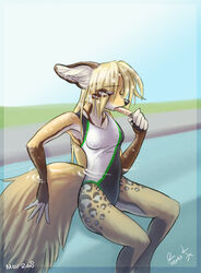 anthro biped bodily_fluids canid canine clothing female female_anthro food food_fetish foshu foshu_(character) fox heat_(temperature) mammal one-piece_swimsuit partially_submerged popsicle solo sport_swimsuit suggestive suggestive_food sweat swimming_pool swimwear tail water