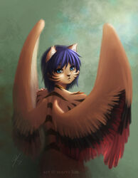 anthro blue_eyes digital_media_(artwork) digital_painting_(artwork) domestic_cat feathered_wings feathers felid feline felis fur hair half-length_portrait looking_at_viewer looking_back maine_coon male mammal marvi_lim portrait purple_hair solo striped_body striped_fur stripes vandell wings