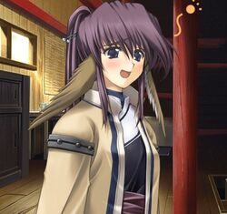 accessory amazuyu_tatsuki animal_humanoid blue_eyes blush clothed clothing female fully_clothed hair hair_accessory hairpin head_wings humanoid inside low_res mammal open_mouth open_smile ponytail purple_hair smile solo standing touka utawarerumono wings