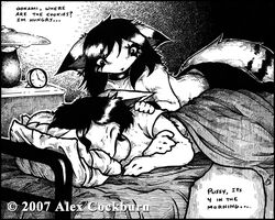 2007 anthro bed black_and_white canid canine canis clock closed_eyes collar dialogue domestic_cat duo english_text felid feline felis female furniture hair hand_on_shoulder humor hungry lamp male mammal monochrome o-kemono o-kemono_(character) on_bed pillow pussycat_(o-kemono) slice_of_life speech_bubble tail text wolf