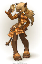 amber_eyes ankama anthro armor arms_bent bell blush bottomwear card clothed clothing clubs_(suit) collar diamonds_(suit) dofus domestic_cat ecaflip felid feline felis female flip_flops footwear gambler gueuzav hair hand_on_hip hand_on_own_hip heart_symbol hearts_(suit) holding_card holding_object looking_at_viewer mammal miniskirt playing_card ponytail sandals skimpy skirt sleeves solo spades_(suit) suit_symbol tail touching_hip touching_own_hip unconvincing_armor wakfu wide_hips