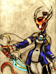 4_fingers anthro brown_hair claws clothed clothing dragon female fingers fully_clothed hair holding_melee_weapon holding_object holding_sword holding_weapon horn khopesh liquidmark melee_weapon mythological_creature mythological_scalie mythology portrait scalie science_fiction simple_background solo standing sword tail tan_background three-quarter_portrait traditional_media_(artwork) weapon