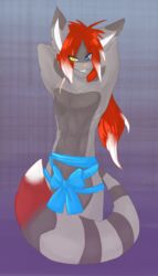 anthro felid hair hybrid looking_at_viewer male mammal nude nytro_(fluff-kevlar) phuufy procyonid raccoon red_hair ribbons solo tail