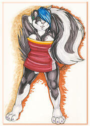 2007 anthro breasts cleavage clothed clothing dress ear_piercing facial_piercing female gauged_ear kappy kappy_(character) lip_piercing mammal mephitid overweight overweight_anthro overweight_female piercing skunk solo striped_skunk tail wide_hips