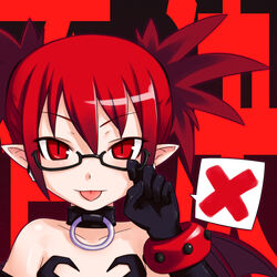 1:1 2009 abstract_background alternative_fashion bangs black_clothing black_collar black_eyewear black_glasses black_gloves black_handwear black_topwear blep blush clothing collar collar_ring demon disgaea etna_(disgaea) eyewear female glasses gloves goth hair handwear humanoid humanoid_pointy_ears icon kurabayashi_aya nippon_ichi_software not_furry o-ring pictographics pupils red_background red_eyes red_hair red_theme red_wristband simple_background slit_pupils solo speech_bubble studded_wristband studs tongue tongue_out topwear twintails warm_colors wristband x_symbol