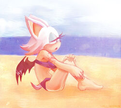 anthro ass bat beach bikini biped black_nose blue_eyes blue_mood breasts carmilla clothed clothing cloud detailed_background female frown mammal markings membrane_(anatomy) membranous_wings outside rouge_the_bat sad sand seaside sega sitting skimpy sky solo sonic_the_hedgehog_(series) swimwear water wings