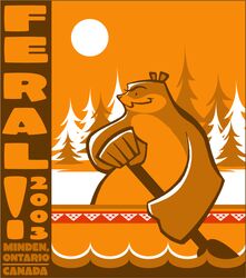 ambiguous_gender anthro bear brown_body camp_feral! canada canoe chris_goodwin english_text lumberjack mammal poster poster_template solo text vehicle watercraft