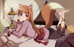 absurd_res animal_humanoid barefoot bed brown_hair canid canid_humanoid canine canine_humanoid canis feet female furniture hair hi_res holo_(spice_and_wolf) humanoid humanoid_feet hybrid inside long_hair looking_at_viewer mammal mammal_humanoid on_bed plantigrade red_eyes sadakata_kikuko soles solo spice_and_wolf tail wolf wolf_humanoid