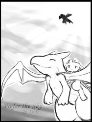 3:4 asdfjkl03 black_border border cave_story comic digital_media_(artwork) dragon duo_focus female feral first_page flying greyscale group lagomorph leporid mammal membrane_(anatomy) membranous_wings mimiga monochrome mythological_creature mythological_scalie mythology nude rabbit riding scalie silhouette sky_dragon_(cave_story) straddling wings