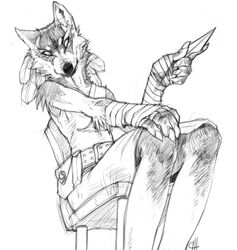 anthro bindings biped blind bottomwear canid canine canis chair clothing cypherwulf dagger disability feathers female furniture holding_object holding_weapon knife kunai lone low-angle_view mammal melee_weapon monochrome ninja sitting skirt solo stare warrior weapon wolf wood wood_chair wood_furniture worm&#039;s-eye_view