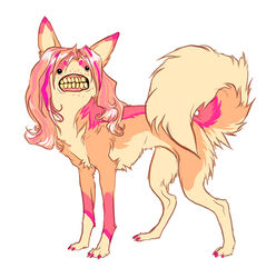 ambiguous_gender black_eyes canid canine canis cursed cursed_image domestic_dog feral fur grin husky looking_at_viewer mammal nordic_sled_dog pink_body pink_fur scary_face simple_background smile solo sparklefur spitz sullivan tail teeth uhoh what what_has_art_done what_has_magic_done what_has_science_done white_background why