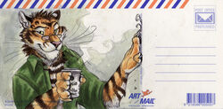 anthro beverage blotch card_template clawing clothed clothing coffee ear_piercing eyewear felid food glasses male mammal open_clothing open_shirt open_topwear pantherine piercing postcard raj shirt solo stripes the_dog&#039;s_days_of_summer tiger topwear