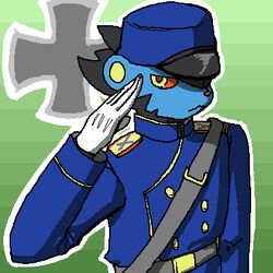 1:1 anthro anthrofied belt biped black_clothing black_hair black_hat black_headwear blue_body blue_clothing blue_ears blue_fur blue_hat blue_headwear blue_outfit blue_shirt blue_topwear blue_uniform brown_pupils clothed clothing felid fur g-sun generation_4_pokemon gesture grey_belt hair hand_gesture hat headgear headwear iris looking_at_viewer low_res luxray male mammal multicolored_clothing multicolored_hat multicolored_headwear nintendo orange_nose orange_sclera pokemon pokemon_(species) pokemorph pupils red_nose round_ears salute sam_browne_belt shirt simple_background solo standing topwear two_tone_clothing two_tone_hat two_tone_headwear uniform yellow_eyes