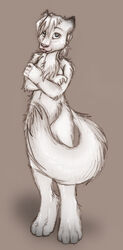 anakuro anthro biped blep blue_eyes breasts canid canine chest_tuft covering covering_breasts covering_self digital_media_(artwork) female freckles full-length_portrait fur graphite_(artwork) looking_at_viewer mammal mixed_media nude pencil_(artwork) portrait simple_background smile solo standing stormrunner tail tongue tongue_out traditional_media_(artwork) tuft white_body white_fur